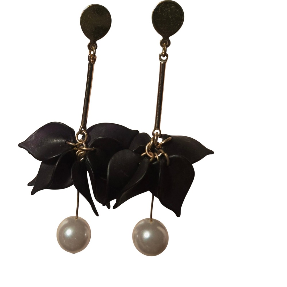 Matte Black Petal Gold Tone Linear Drop Earrings with Faux Pearl Accents